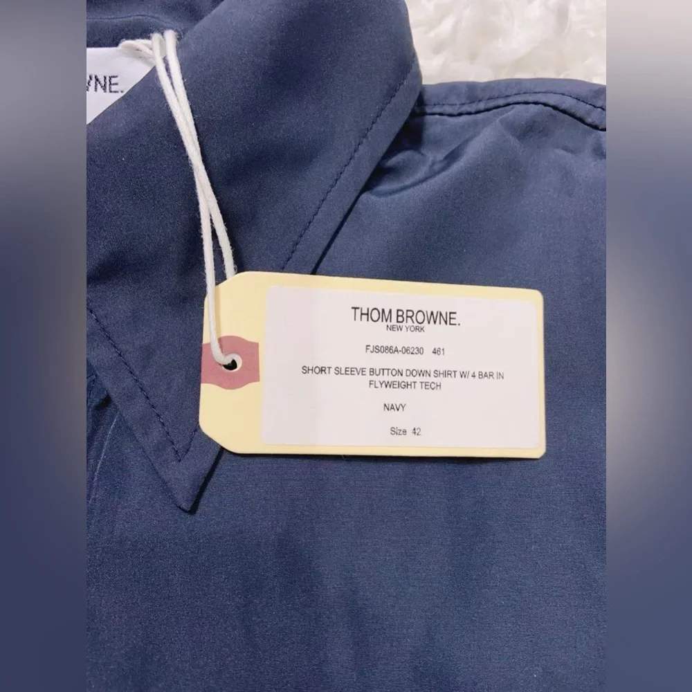 NWT Thom Browne Navy 4-Bar Flyweight Tech Short Sleeve Button Down Shirt - Picture 7 of 13